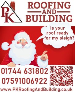 Festive illustration of Santa Claus with a speech bubble saying, 'Is your roof ready for my sleigh?' on a red background, featuring contact details and a QR code. Promoting PK Roofing and Building services for the holiday season